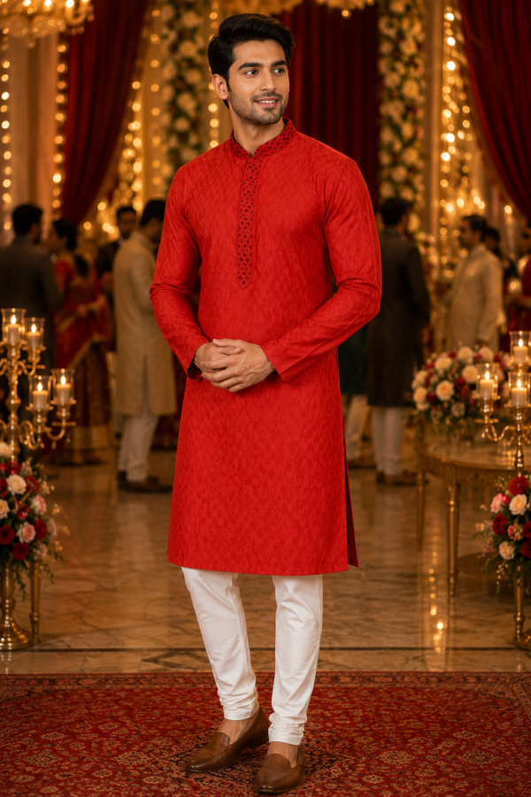 Crimson Festive Embroidered Men's Kurta - Image 3
