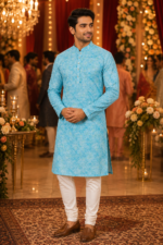 Sky Blue Geometric Pattern Designer Kurta for Men - Image 3