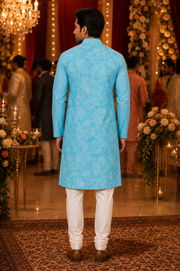 Sky Blue Geometric Pattern Designer Kurta for Men - Image 2