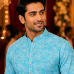 Sky Blue Geometric Pattern Designer Kurta for Men