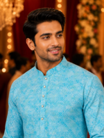 Sky Blue Geometric Pattern Designer Kurta for Men