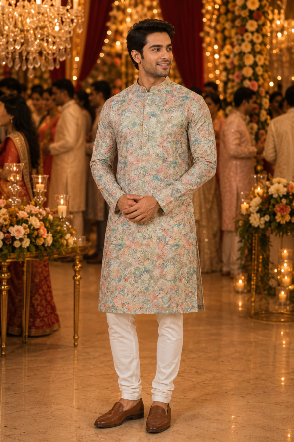 Elegant Pastel Floral Print Men's Ethnic Kurta - Image 3