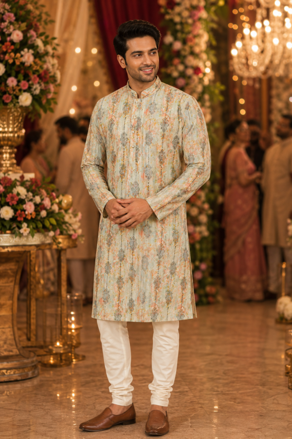 Elegant Floral Print Ethnic Kurta for Men - Image 2