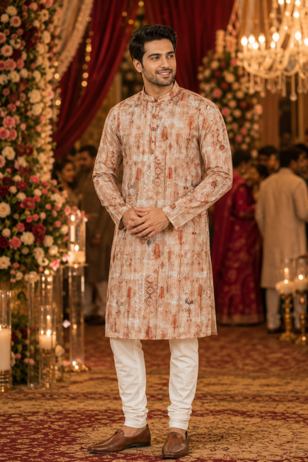 Rustic Earth-Tone Printed Men's Ethnic Kurta - Image 2