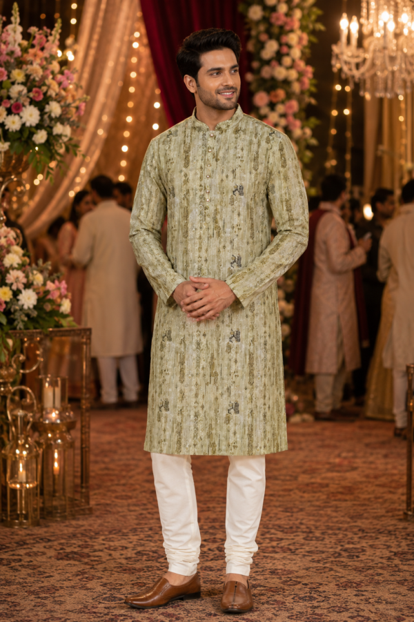 Sage Green Printed Ethnic Kurta for Men | Festive Traditional Wear - Image 2