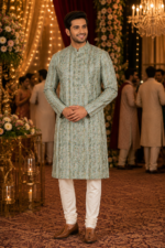 Sage Green Floral Printed Traditional Kurta for Men - Image 2