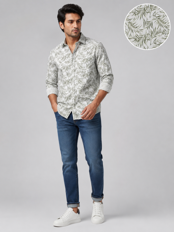 Men's Sage Leaf Print Casual Button-Down Shirt - Image 4