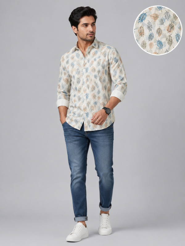 Men's Beige Tropical Leaf Print Casual Cotton Shirt - Image 4