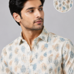 Men's Beige Tropical Leaf Print Casual Cotton Shirt