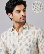 Men's Beige Tropical Leaf Print Casual Cotton Shirt