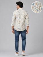 Men's Beige Tropical Leaf Print Casual Cotton Shirt - Image 2