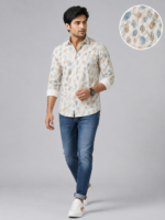 Men's Beige Tropical Leaf Print Casual Cotton Shirt - Image 3
