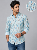 Light Blue Tropical Leaf Print Casual Shirt for Men - Image 2