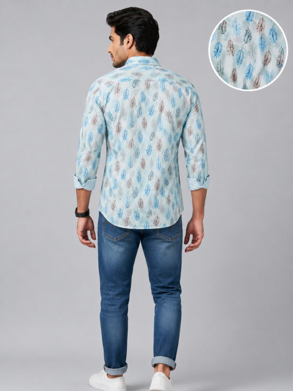 Light Blue Tropical Leaf Print Casual Shirt for Men - Image 3