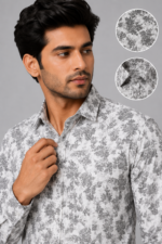 Men's Premium Grey Floral Print Slim-Fit Casual Shirt