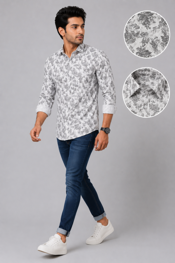 Men's Premium Grey Floral Print Slim-Fit Casual Shirt - Image 2