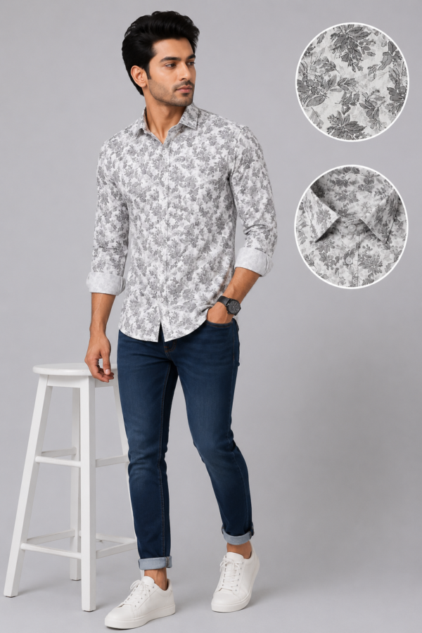 Men's Premium Grey Floral Print Slim-Fit Casual Shirt - Image 4