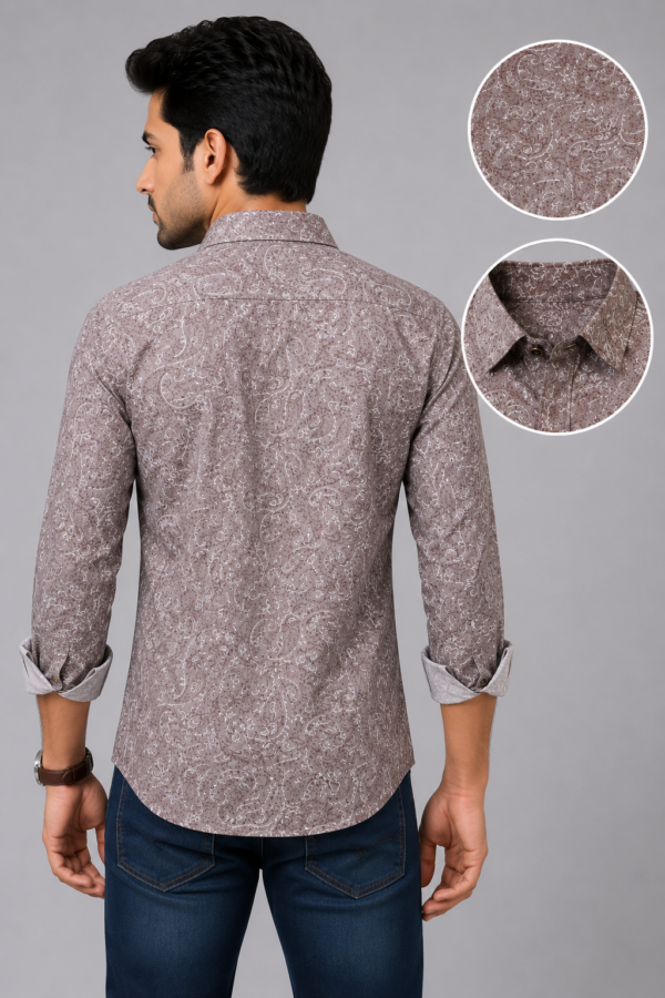 Taupe Grey Paisley Print Long-Sleeve Men's Formal Shirt - Image 3