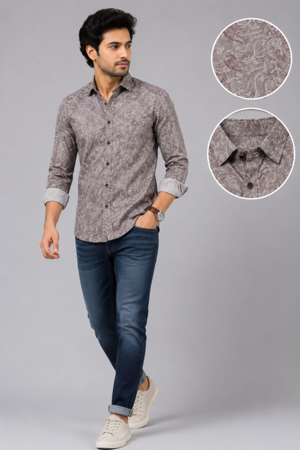Taupe Grey Paisley Print Long-Sleeve Men's Formal Shirt - Image 2