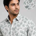 Sage Botanical Print Men's Casual Linen-Blend Shirt
