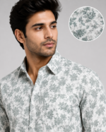 Sage Botanical Print Men's Casual Linen-Blend Shirt