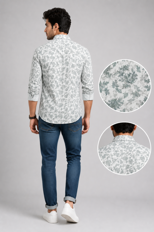 Sage Botanical Print Men's Casual Linen-Blend Shirt - Image 4