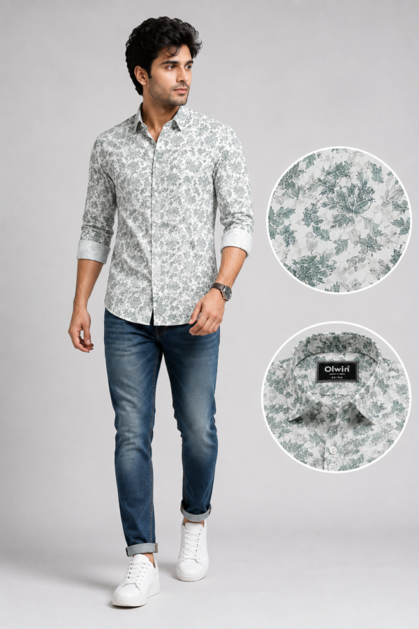 Sage Botanical Print Men's Casual Linen-Blend Shirt - Image 3