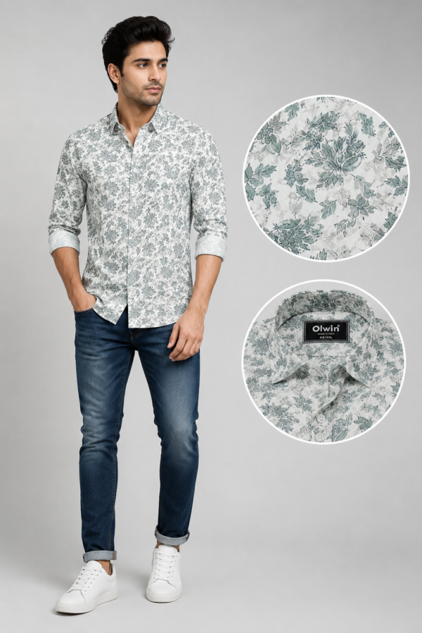Sage Botanical Print Men's Casual Linen-Blend Shirt - Image 2