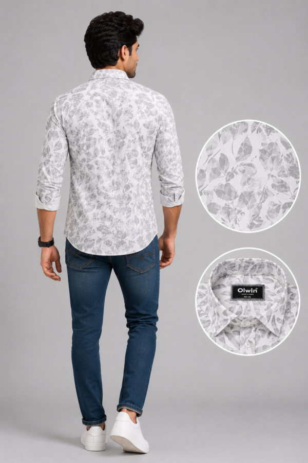 Men's Premium Grey Botanical Print Cotton Shirt - Image 2