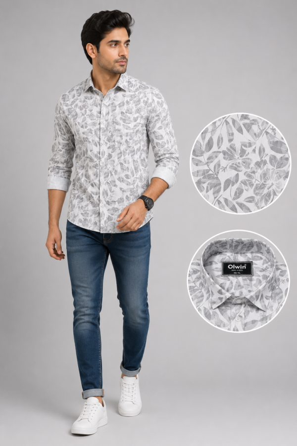 Men's Premium Grey Botanical Print Cotton Shirt - Image 4