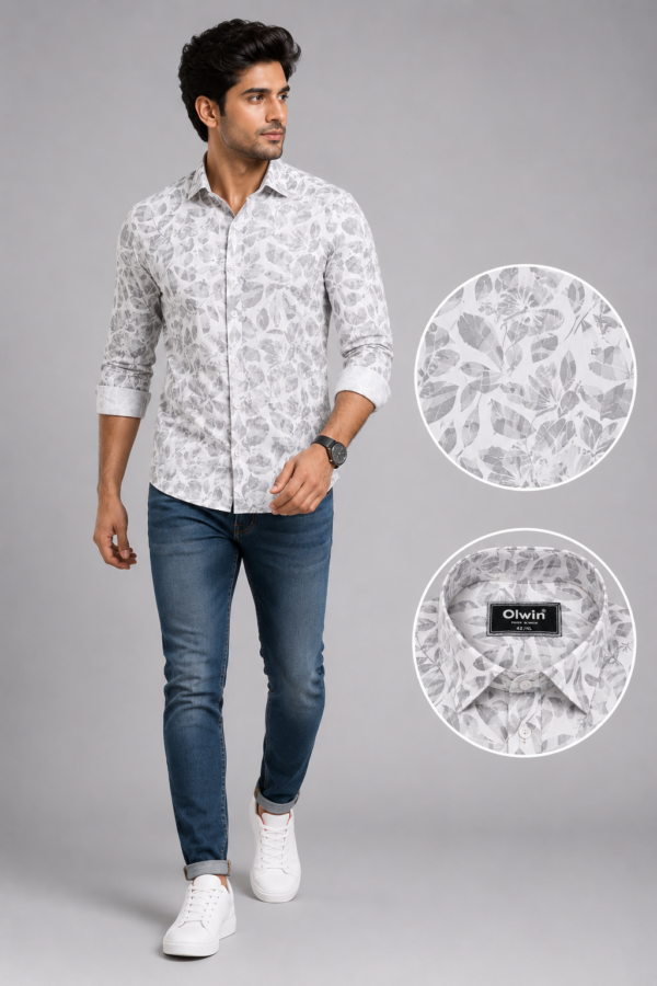 Men's Premium Grey Botanical Print Cotton Shirt - Image 3