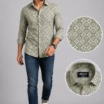 Olwin Men's Olive Geometric Print Slim-Fit Casual Shirt