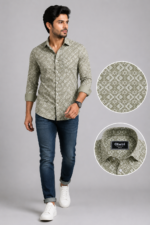 Olwin Men's Olive Geometric Print Slim-Fit Casual Shirt