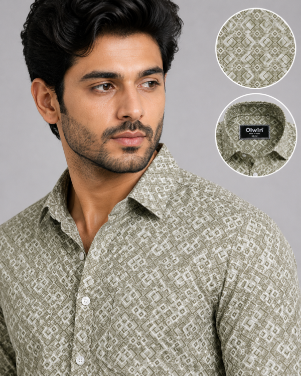 Olwin Men's Olive Geometric Print Slim-Fit Casual Shirt - Image 2