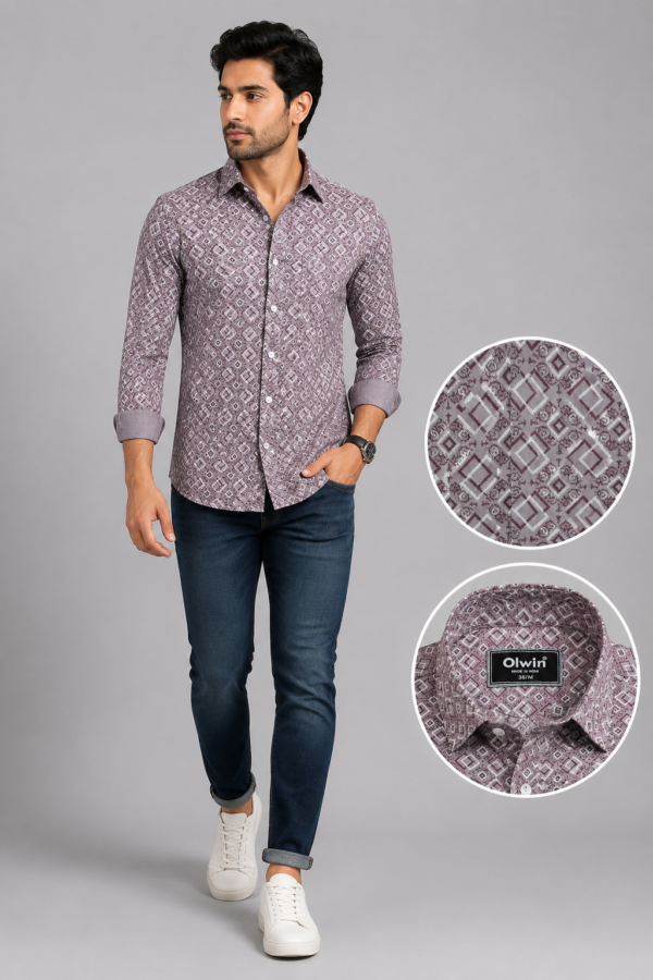 Olwin Men's Mauve Geometric Print Formal Shirt - Image 3