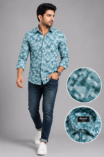 Olwin Men's Geometric Print Teal Slim Fit Formal Shirt - Image 3