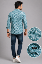 Olwin Men's Geometric Print Teal Slim Fit Formal Shirt - Image 4