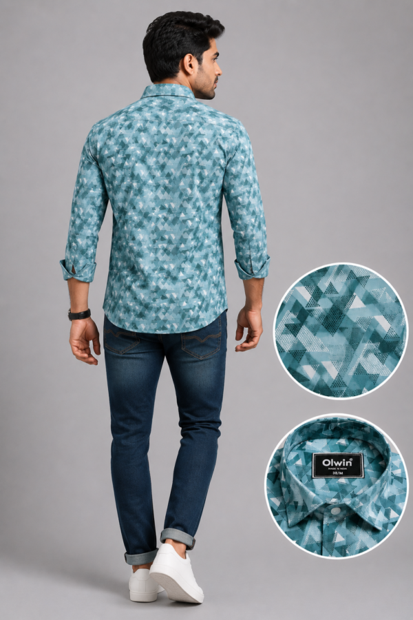 Olwin Men's Geometric Print Teal Slim Fit Formal Shirt - Image 4