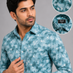 Olwin Men's Geometric Print Teal Slim Fit Formal Shirt