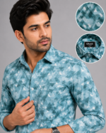 Olwin Men's Geometric Print Teal Slim Fit Formal Shirt