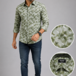 Olwin Men's Olive Geometric Print Slim-Fit Casual Shirt