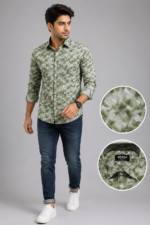 Olwin Men's Olive Geometric Print Slim-Fit Casual Shirt