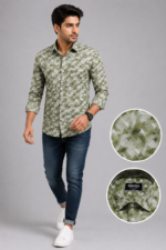 Olwin Men's Olive Geometric Print Slim-Fit Casual Shirt - Image 3
