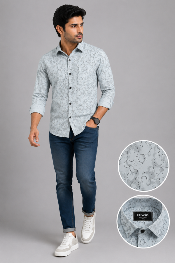 Olwin Men's Light Grey Abstract Print Casual Shirt - Image 3