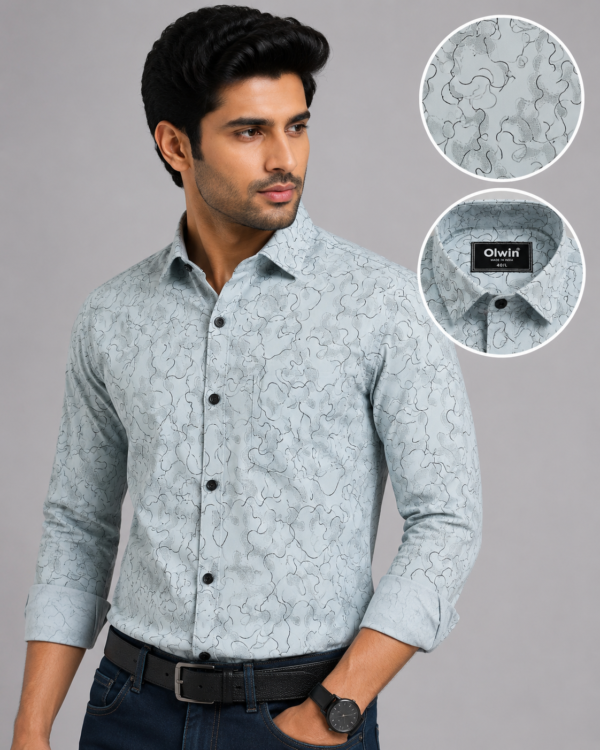 Olwin Men's Light Grey Abstract Print Casual Shirt - Image 2