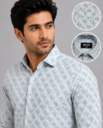 Olwin Men's Geometric Pattern Slim-Fit Casual Shirt - Off-White & Blue - Image 3