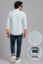 Olwin Men's Geometric Pattern Slim-Fit Casual Shirt - Off-White & Blue - Image 2