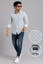 Olwin Men's Geometric Pattern Slim-Fit Casual Shirt - Off-White & Blue - Image 4