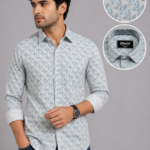 Olwin Men's Geometric Pattern Slim-Fit Casual Shirt - Off-White & Blue