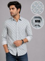 Olwin Men's Geometric Pattern Slim-Fit Casual Shirt - Off-White & Blue